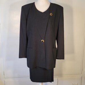Vintage Black Blazer & Skirt Size 14 Designer Buttons High Quality Classic Suit